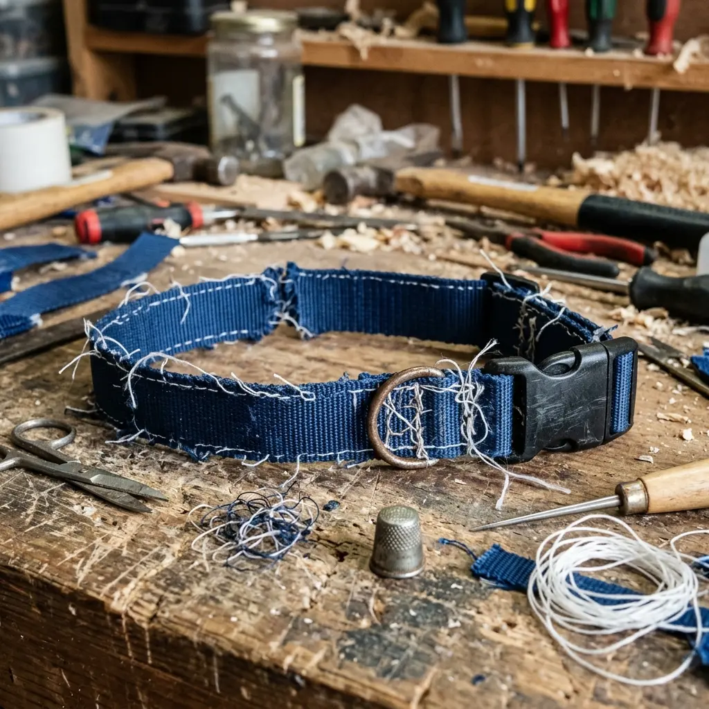 Guesswork and scattered tutorials: unfinished collar on messy desk